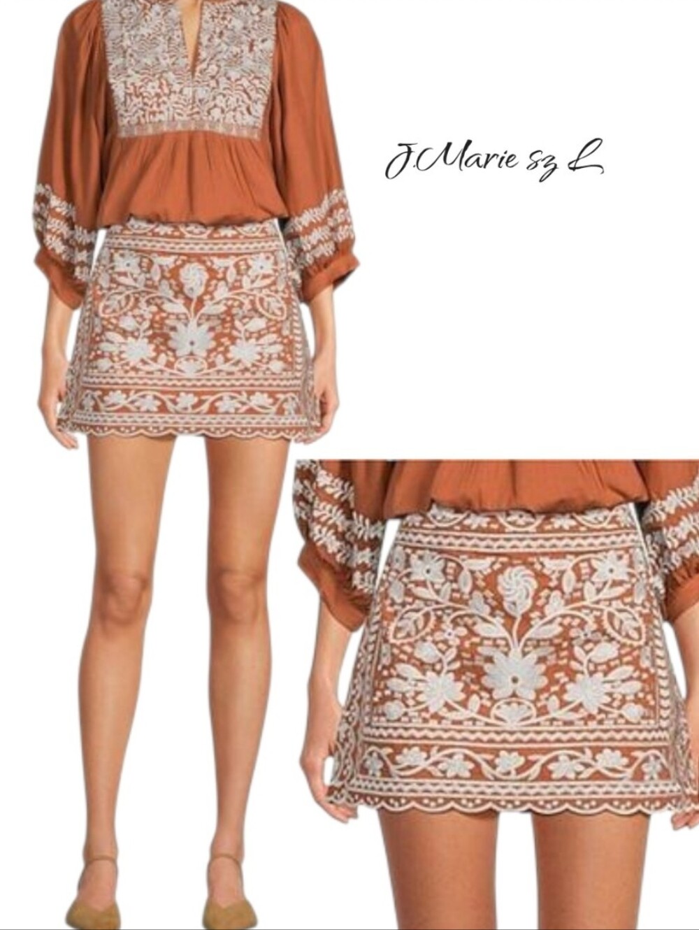 J.Marie Kennedy Floral Embroidered Mini Skirt Rust Orange L NWT